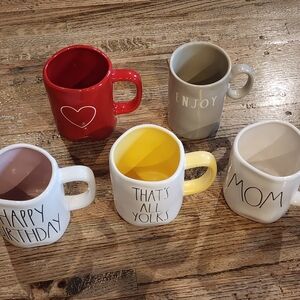 Rae Dunn assorted color stoneware mugs (red, yellow, beige, white, gray)